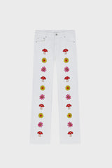 FLORAL-EMBROIDERED STRAIGHT-LEG JEANS IN RAW DENIM