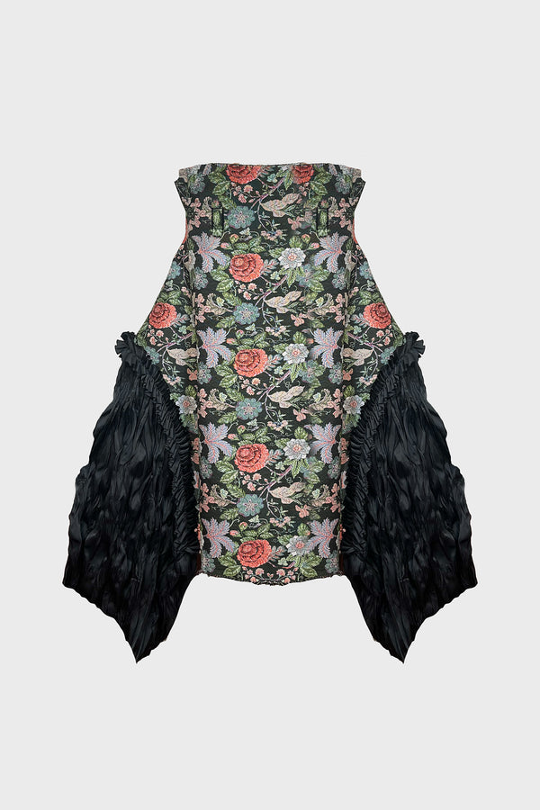 TAILORED PANELED SKIRT IN BROCADE AND SATIN