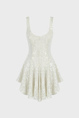 PANELED MINI DRESS IN SEQUIN-EMBELLISHED TULLE