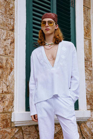 GENERATION78 | SEASHELL EMBROIDERED V - NECK SHIRT IN COTTON